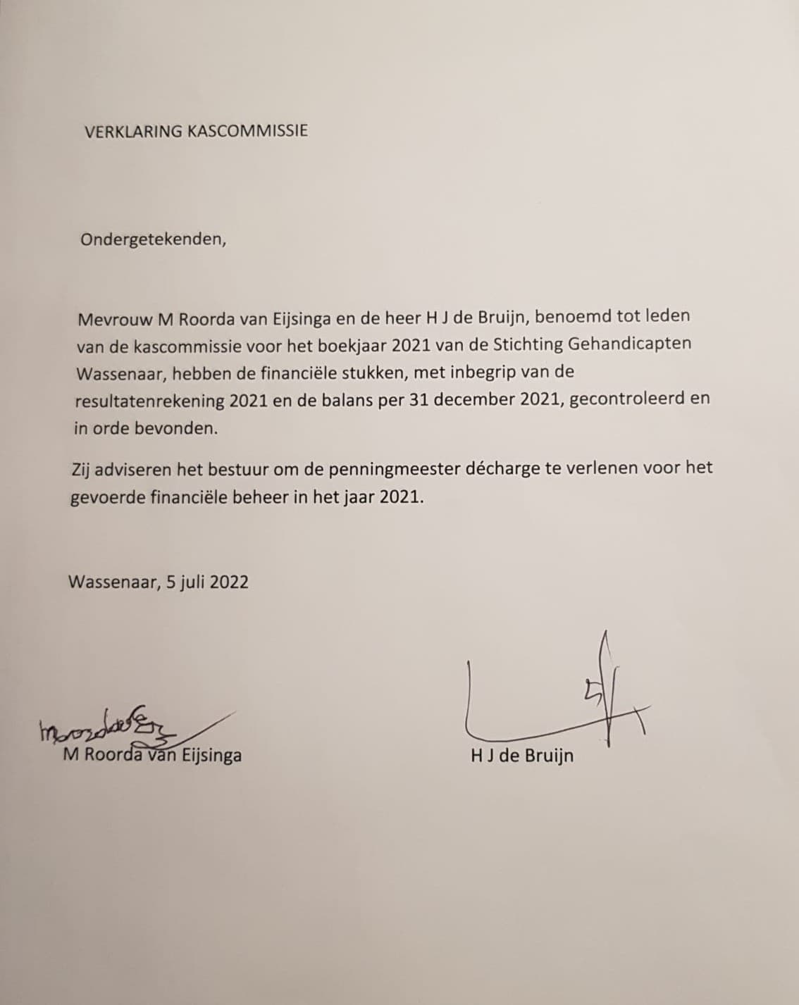 Verklaring Kascommissie juli 2022